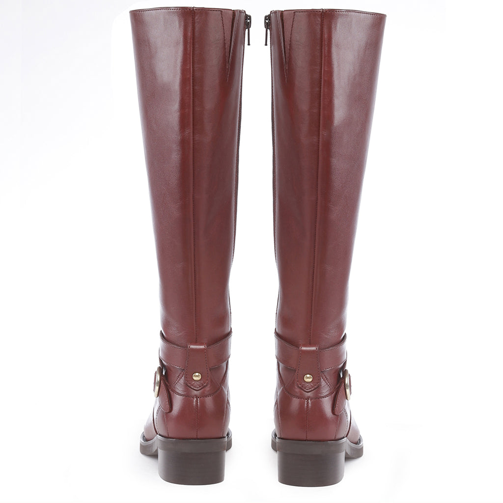 Saint Hermione teak leather knee high boots, back pair view showing buckle detail