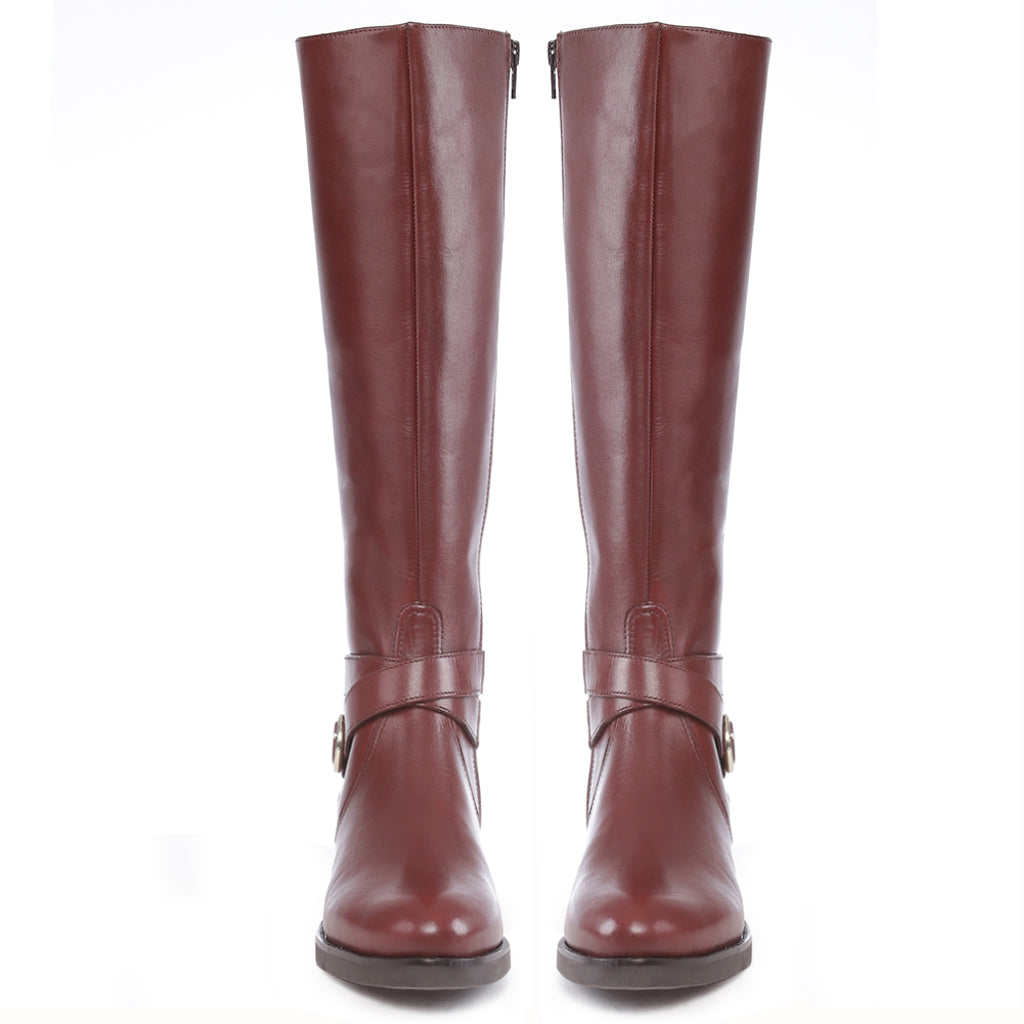 Women's teak leather knee high boots, front pair view of wrap strap