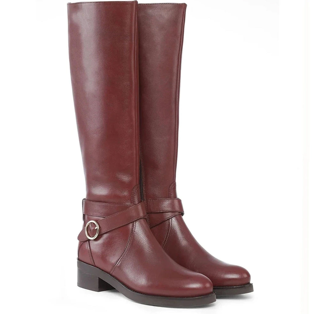Teak leather knee high boots for women UK, pair view showing buckle wrap strap