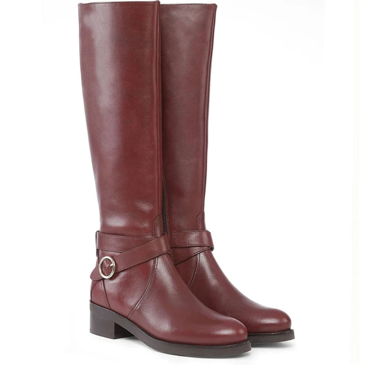 Teak leather knee high boots for women UK, pair view showing buckle wrap strap