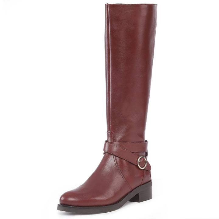 Saint Hermione teak leather knee high boots, additional side angle of wrap strap