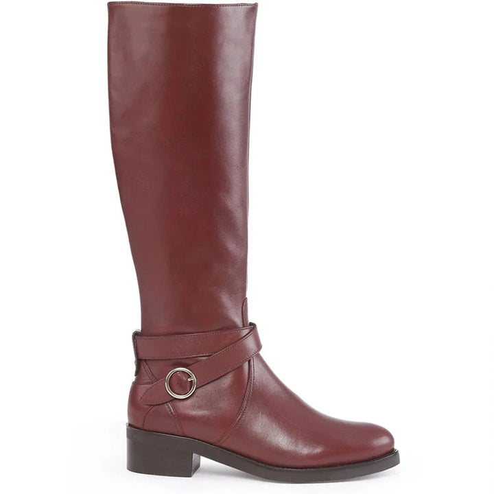 Saint Hermione buckle wrap teak leather knee high boots for women, side view of wrap strap
