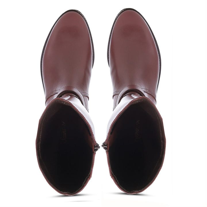 Saint Hermione teak leather knee high boots, top-down view of toe and buckle