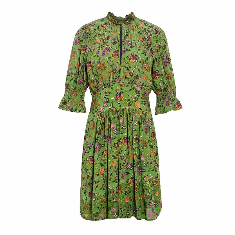Saint Hyralyn green floral short dress for women UK, shown flat with mock-neck keyhole front.