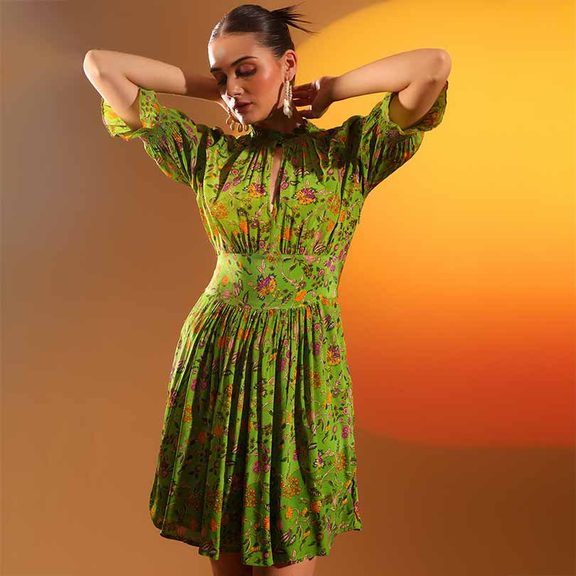 Saint Hyralyn green floral short dress for women UK, front view.