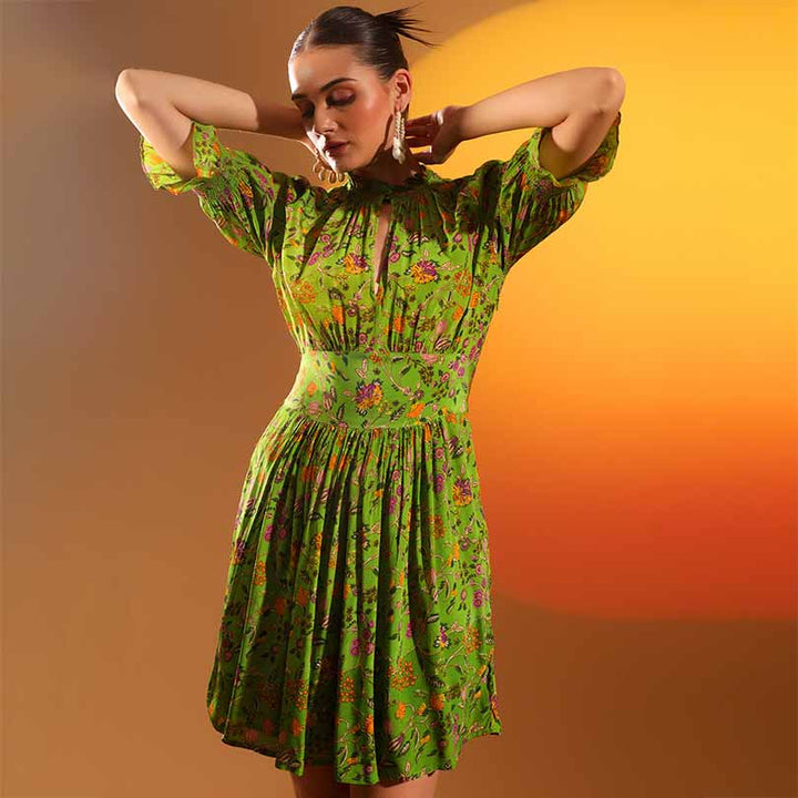 Saint Hyralyn green floral short dress for women UK, front view.