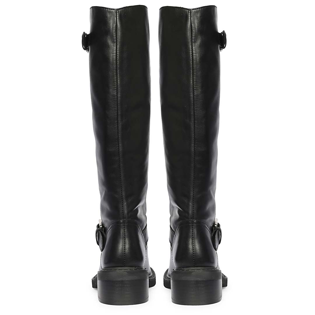 Saint Imogen multi stud black leather boots, back pair view showing double buckle straps