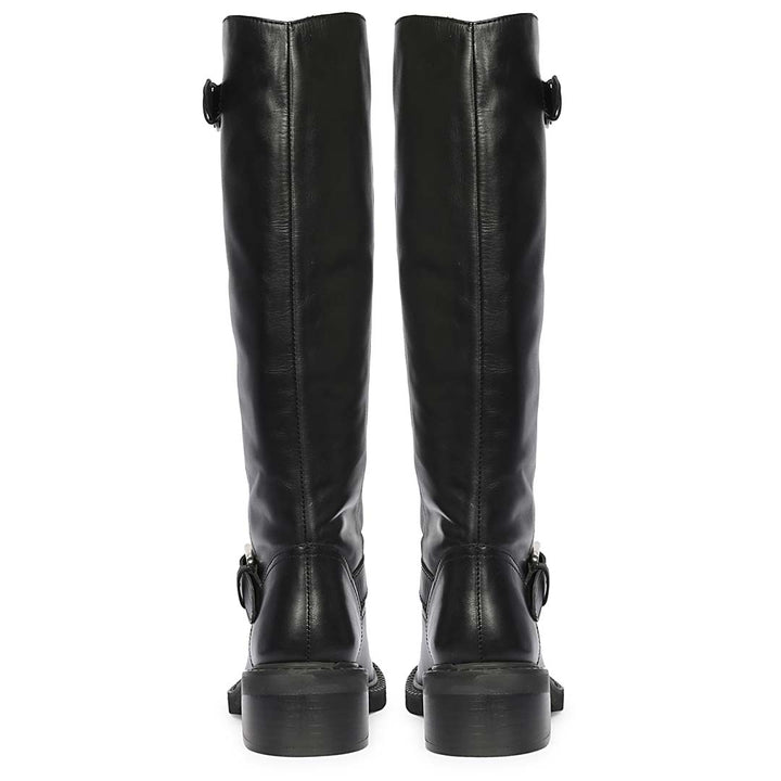 Saint Imogen multi stud black leather boots, back pair view showing double buckle straps
