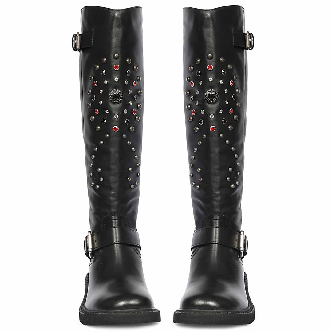 Women's Saint Imogen black long boots, front pair view of stud pattern and ankle buckle