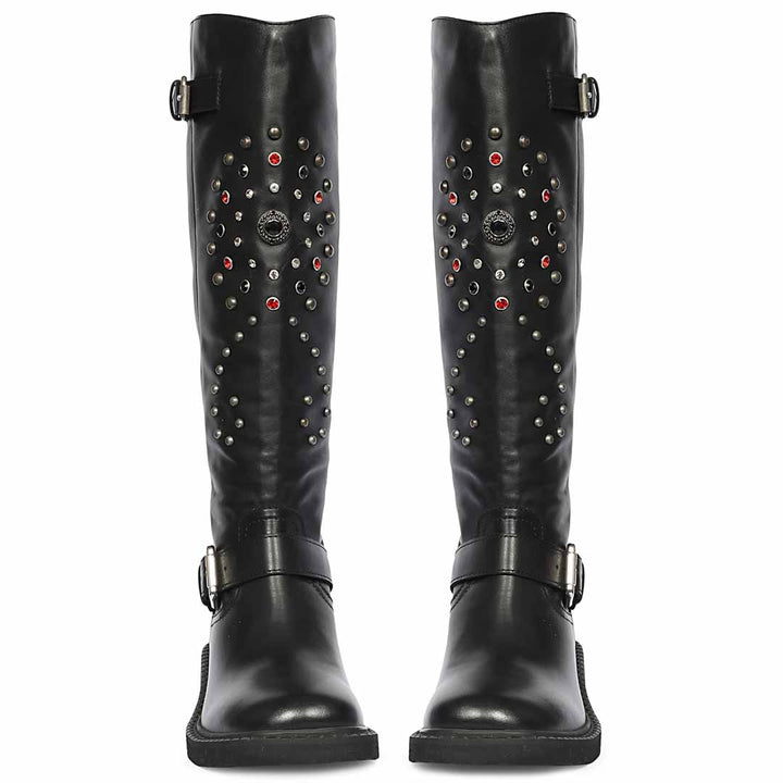 Women's Saint Imogen black long boots, front pair view of stud pattern and ankle buckle