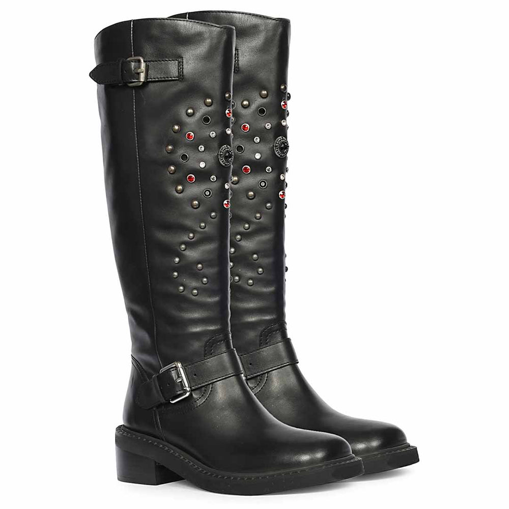 Women's Saint Imogen black leather long boots, pair view showing multi stud pattern with red accent stones