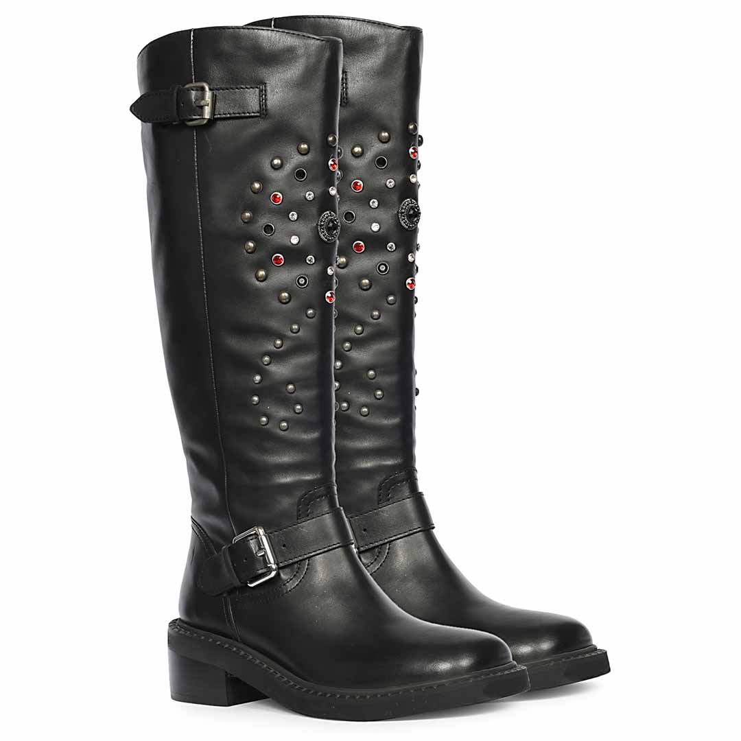 Women's Saint Imogen black leather long boots, pair view showing multi stud pattern with red accent stones