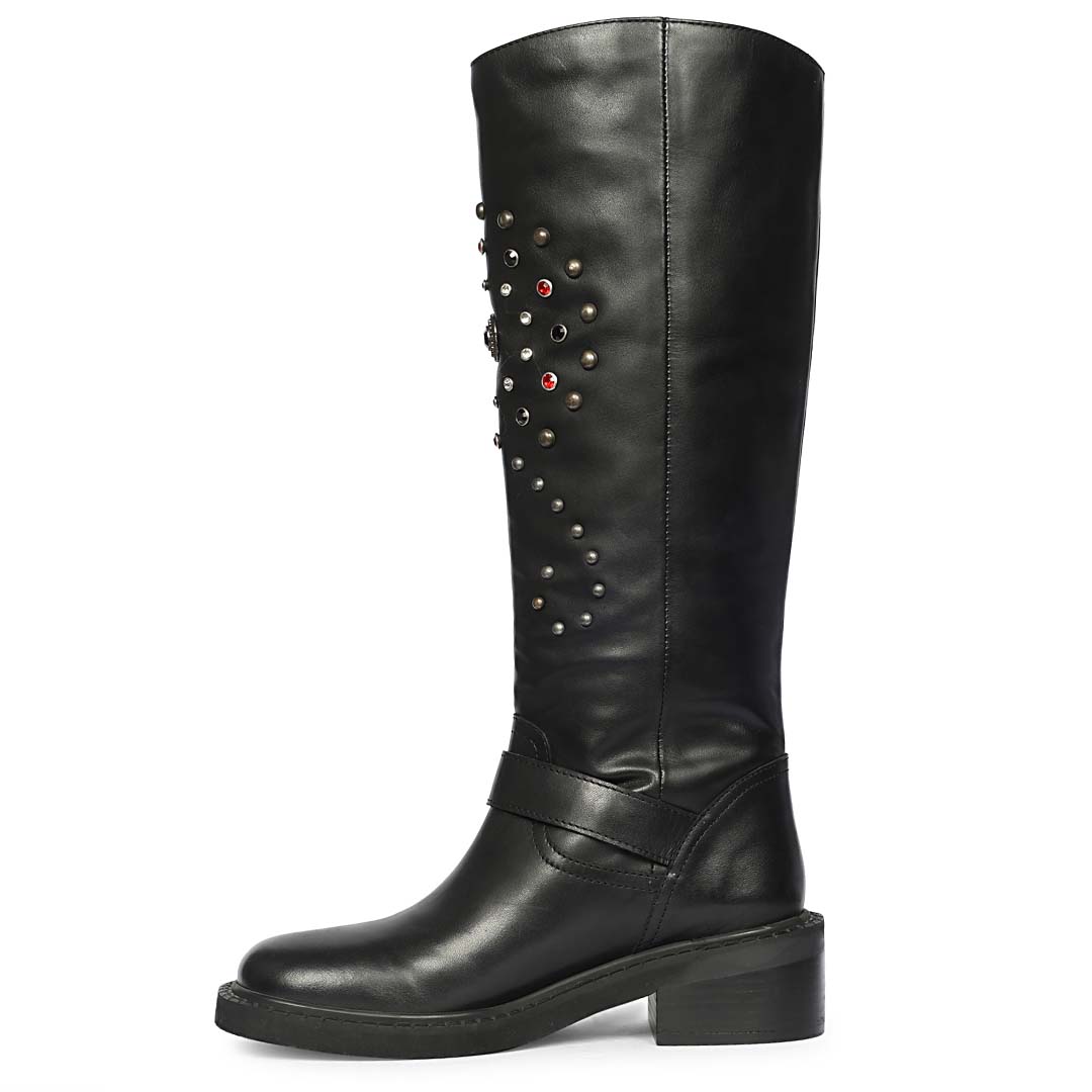Saint Imogen studded black long boots for women UK, alternate side view of buckle strap