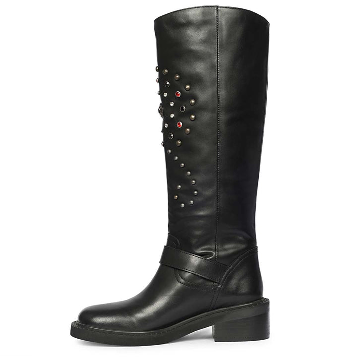 Saint Imogen studded black long boots for women UK, alternate side view of buckle strap