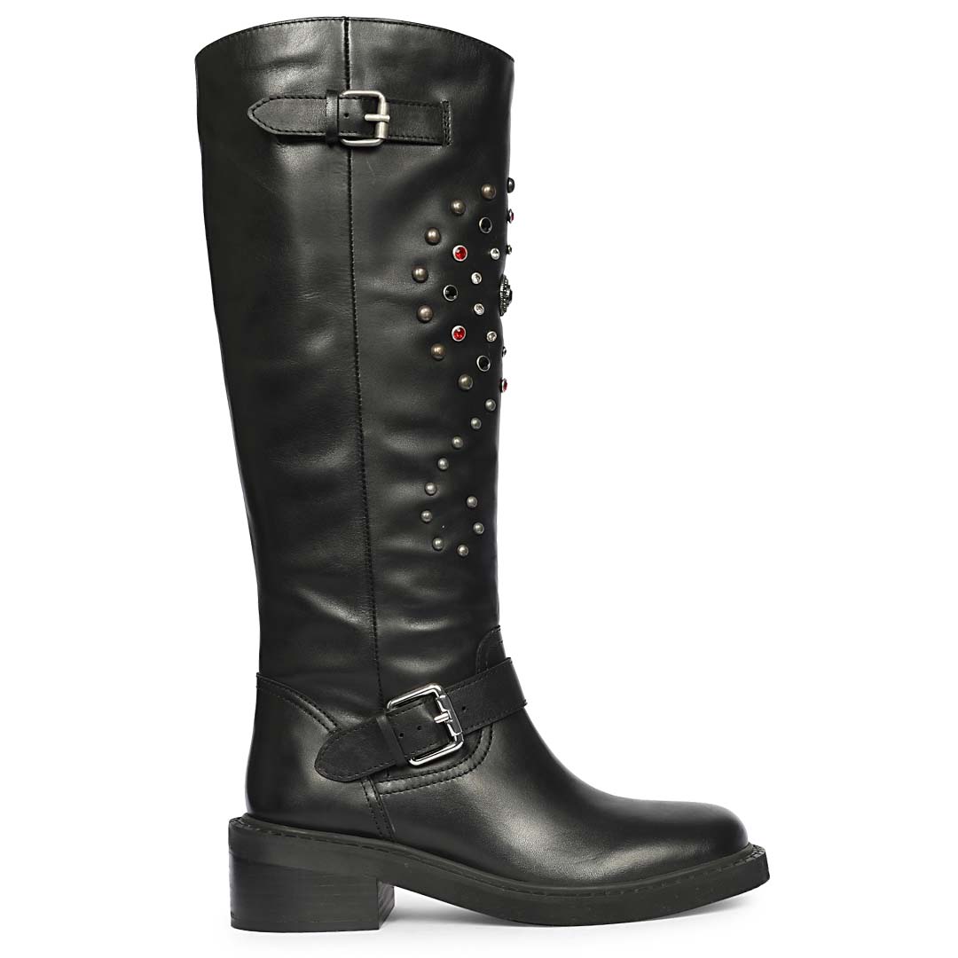 Saint Imogen multi studded black leather long boots for women, side view of scattered stud and buckle detail