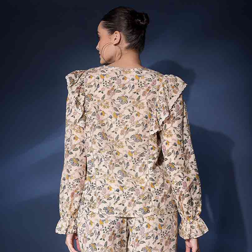 Women's multicolour floral check dobby co-ord set by Saint Inaya, back view.