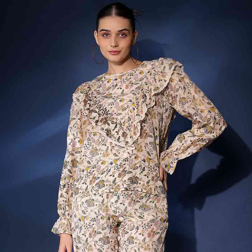Women's multicolour floral check dobby co-ord set by Saint Inaya, front view.