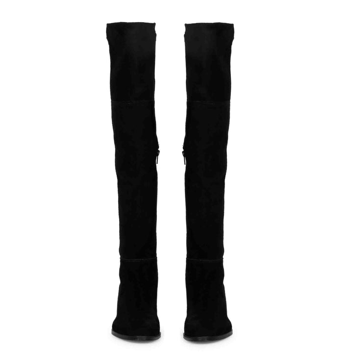 Women's black stretch suede above the knee boots UK, front pair view