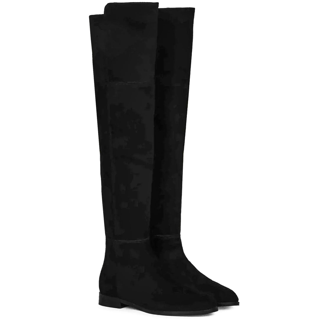 Black stretch suede above the knee boots for women UK, pair view