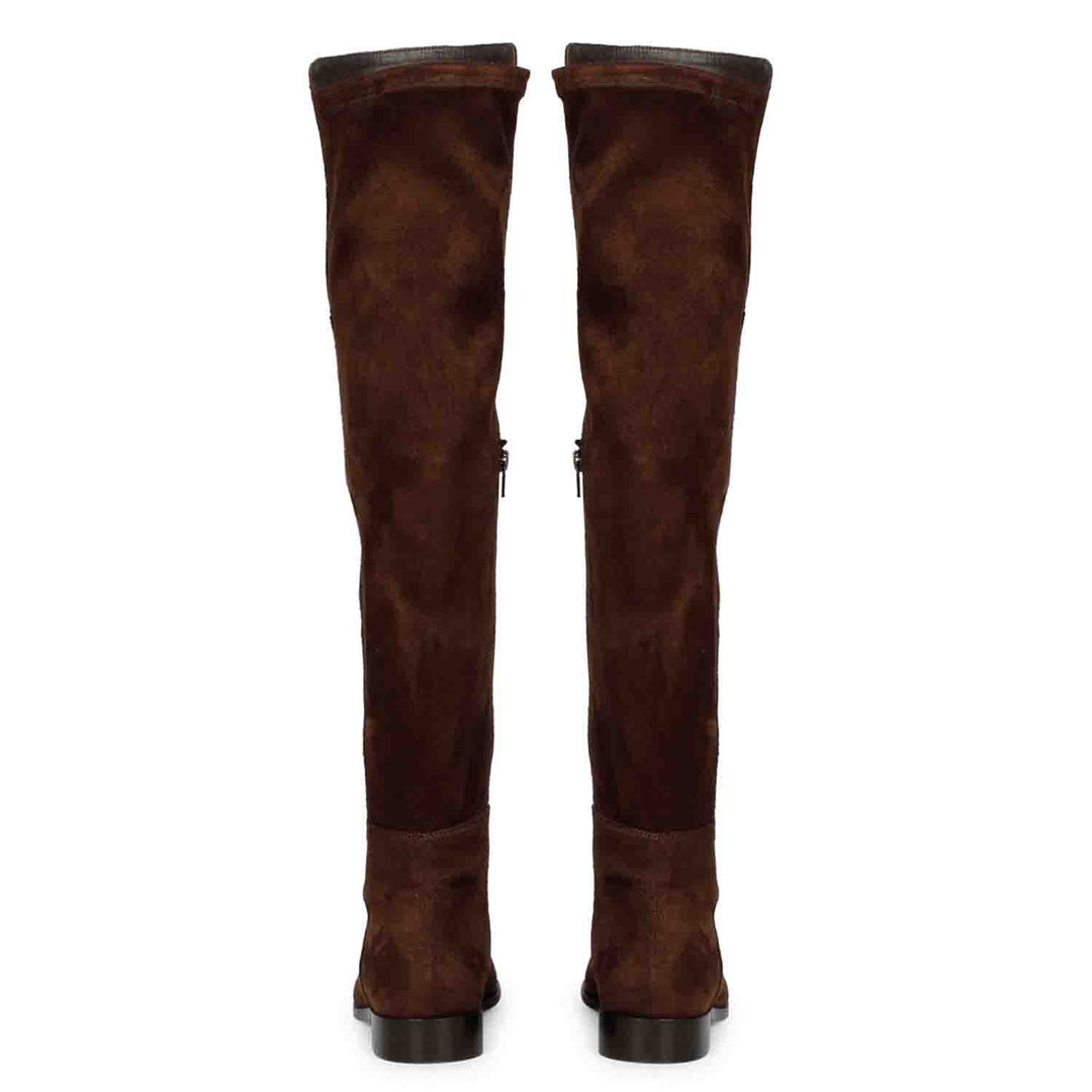 Saint Isabella brown suede above the knee boots UK, back pair view showing zip closure