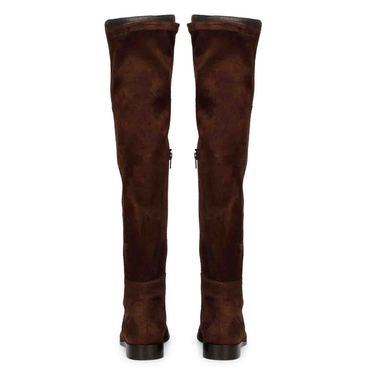 Saint Isabella brown suede above the knee boots UK, back pair view showing zip closure