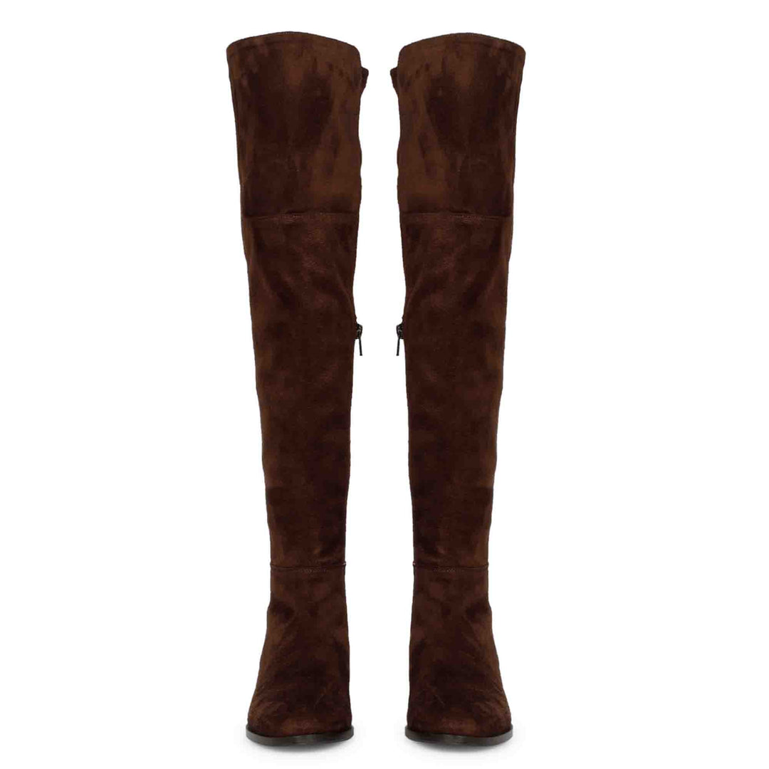 Women's brown stretch suede above the knee boots UK, front pair view