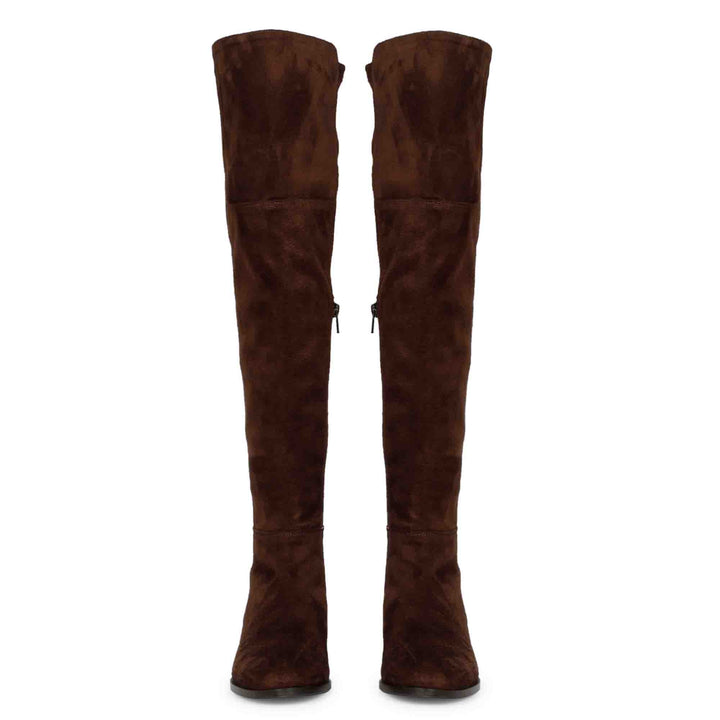 Women's brown stretch suede above the knee boots UK, front pair view