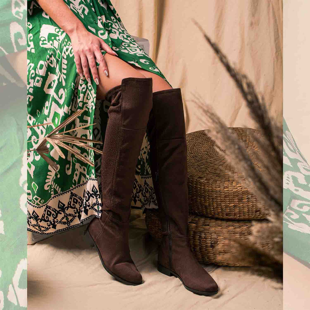 Women's brown suede above the knee boots UK by Saint Isabella, second styled lifestyle shot
