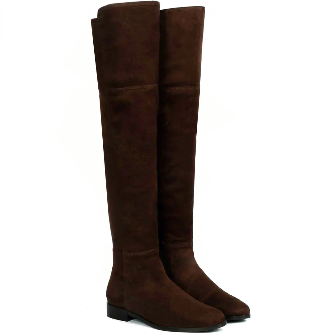 Brown stretch suede above the knee boots for women UK, pair view