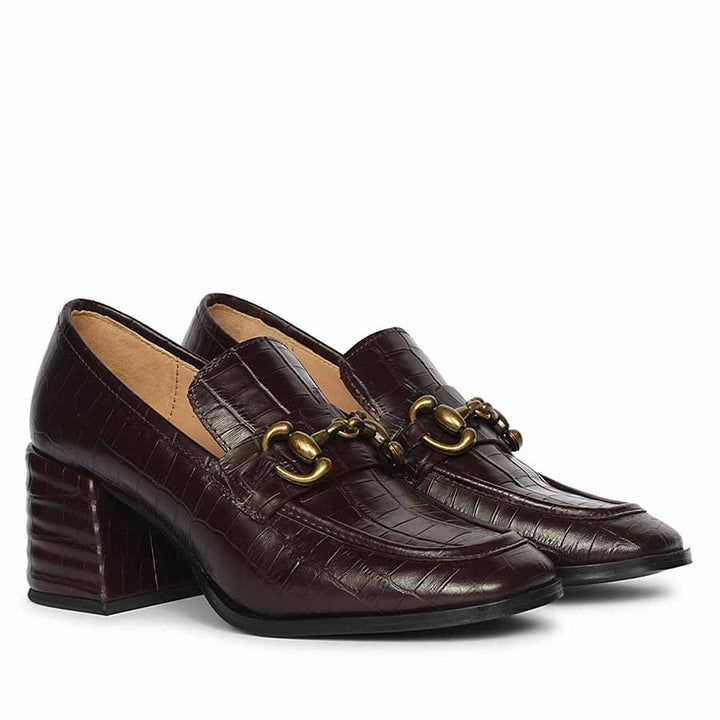Ladies dark cherry croc-print leather loafer pumps, angled pair view, UK