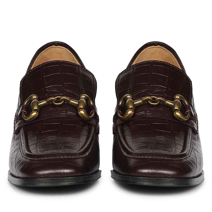 Best Ladies dark cherry croc-embossed loafer pumps for women, front pair close-up, UK