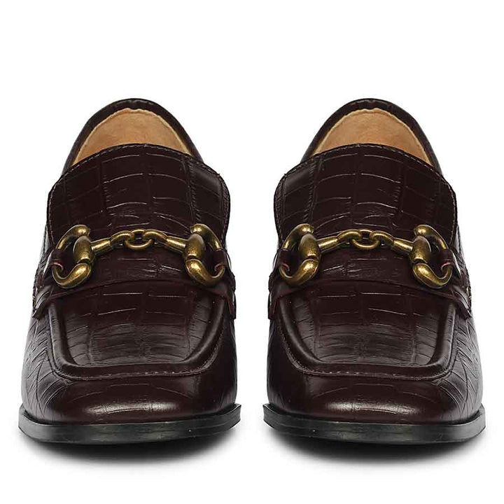 Best Ladies dark cherry croc-embossed loafer pumps for women, front pair close-up, UK