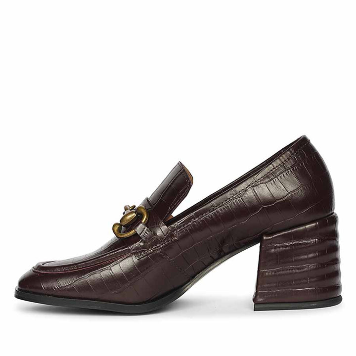 Best dark cherry croc-print leather loafer pumps, mirrored side profile, UK
