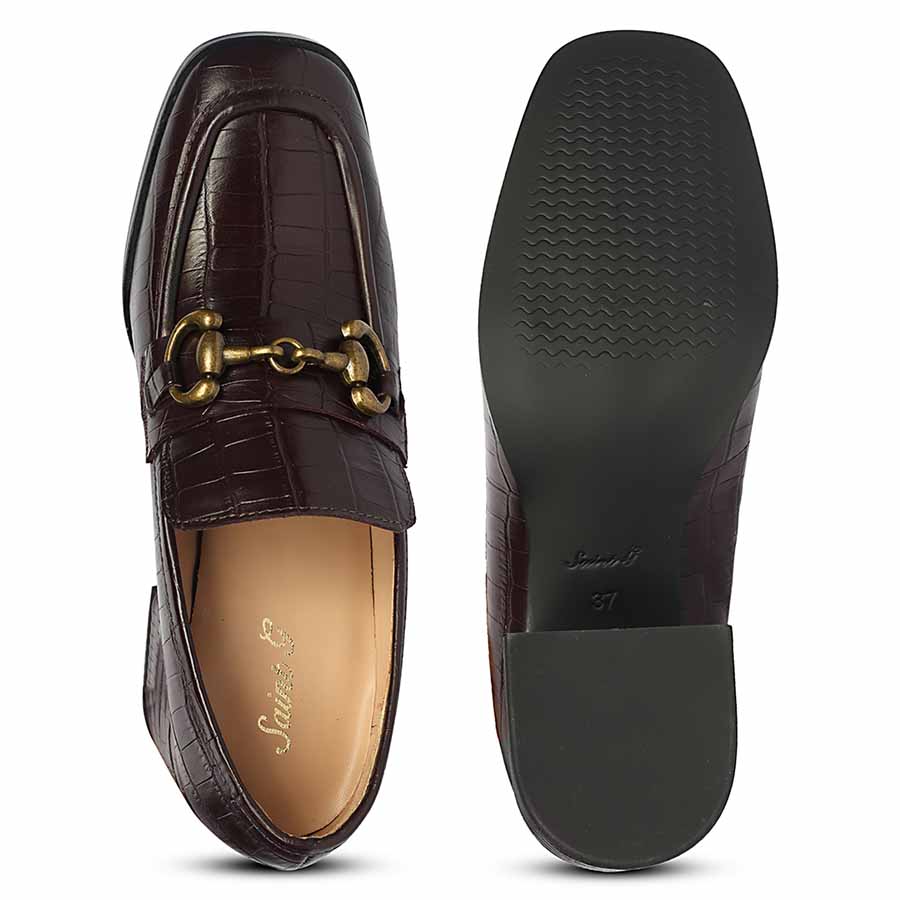 Ladies best dark cherry croc-embossed loafer pumps, top and sole view, UK