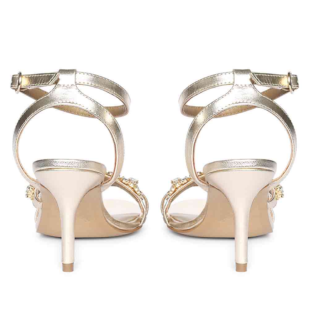 Women's Saint Isla Stone Embellished Champagne Leather Strappy Stilettos, back pair view