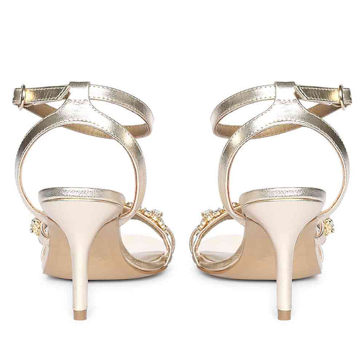 Women's Saint Isla Stone Embellished Champagne Leather Strappy Stilettos, back pair view