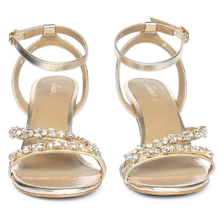 Women's Saint Isla Stone Embellished Champagne Leather Strappy Stilettos, front pair view