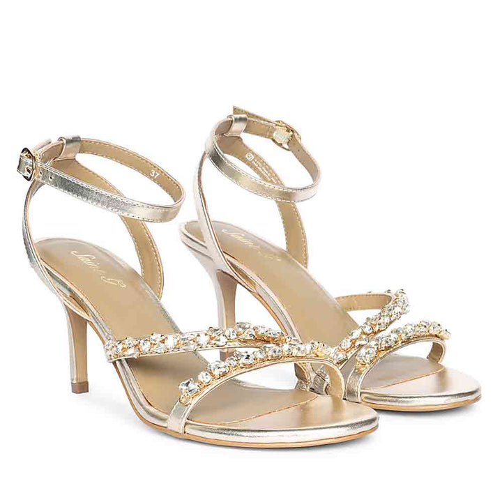Women's Saint Isla Stone Embellished Champagne Leather Strappy Stilettos, pair view
