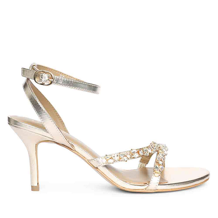 Women's Saint Isla Stone Embellished Champagne Leather Strappy Stilettos, side view