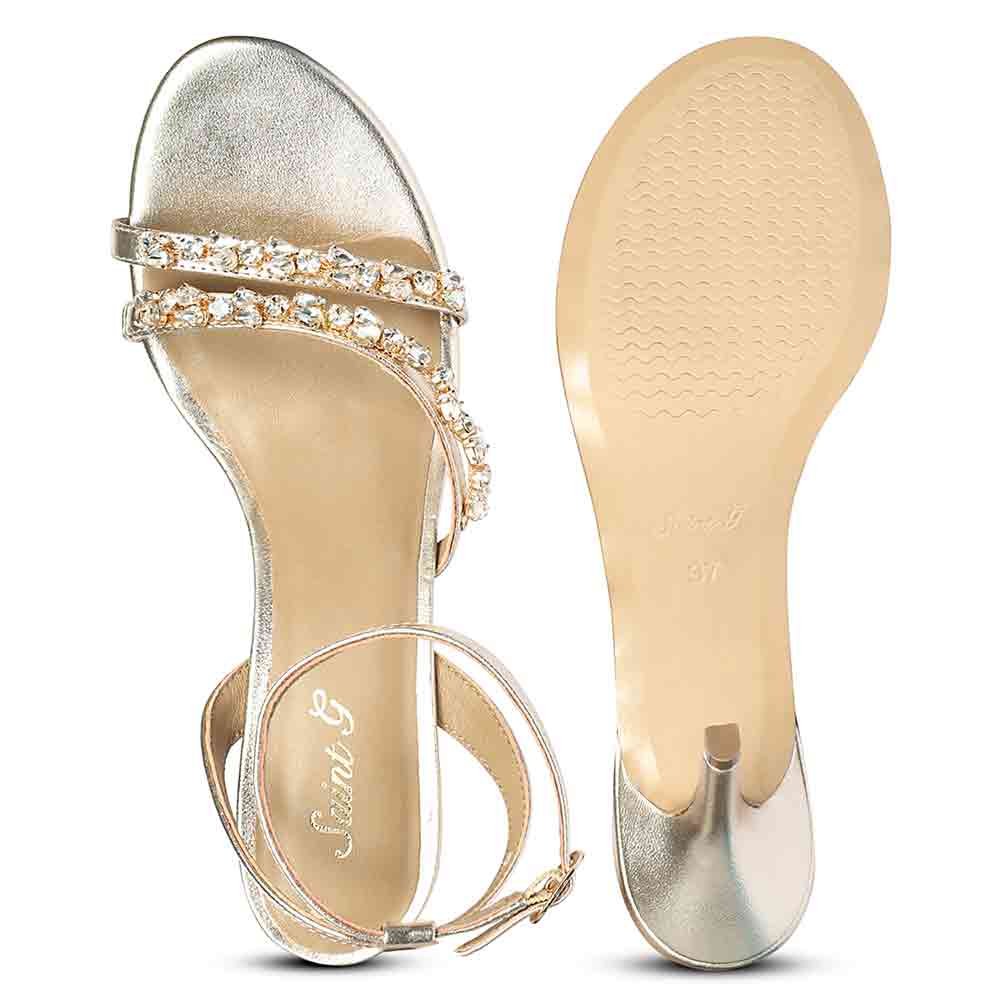 Women's Saint Isla Stone Embellished Champagne Leather Strappy Stilettos, sole view