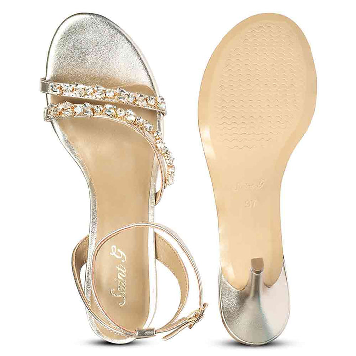 Women's Saint Isla Stone Embellished Champagne Leather Strappy Stilettos, sole view