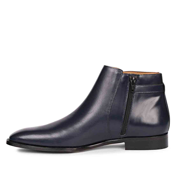 Dark Blue Leather Ankle Boots for Men - Buckle and Zip Detail, Handcrafted UK