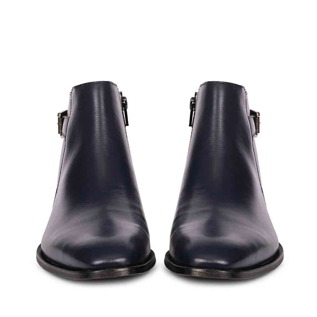 Best Men's Dark Blue Leather Ankle Boots, Front Pair View - Handcrafted UK