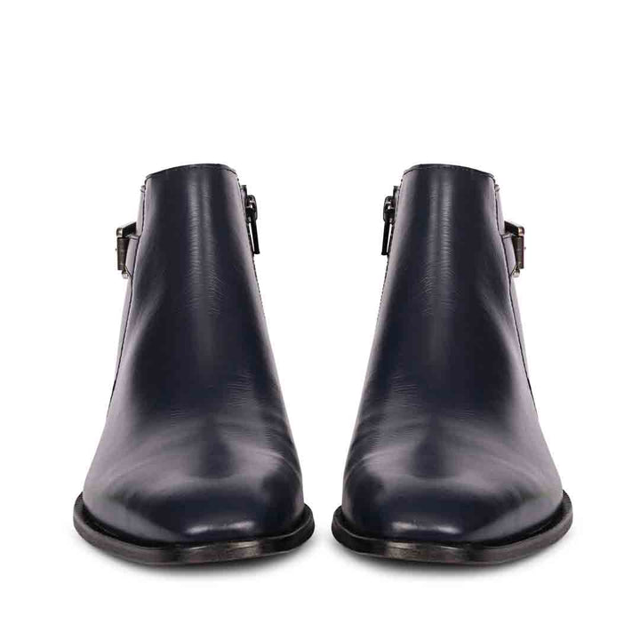 Best Men's Dark Blue Leather Ankle Boots, Front Pair View - Handcrafted UK