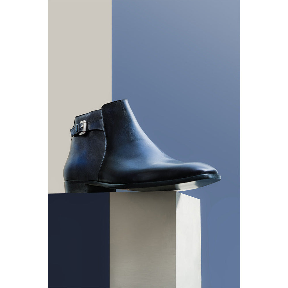 Men's Dark Blue Leather Ankle Boots Styled Shot - Best Handcrafted Boots UK 