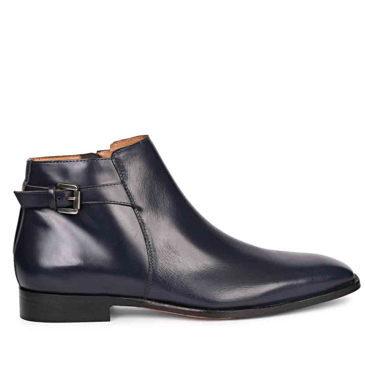 Best Men's Dark Blue Leather Ankle Boots - Side View with Buckle Strap, Handcrafted UK