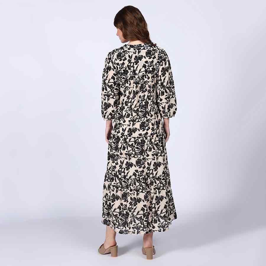 Saint ivory black floral viscose midi dress for women UK, back view.
