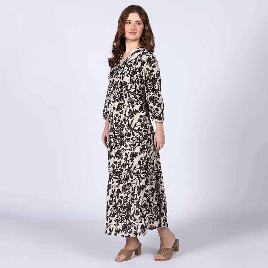 Women's ivory black floral viscose midi dress for women UK, three-quarter front view.