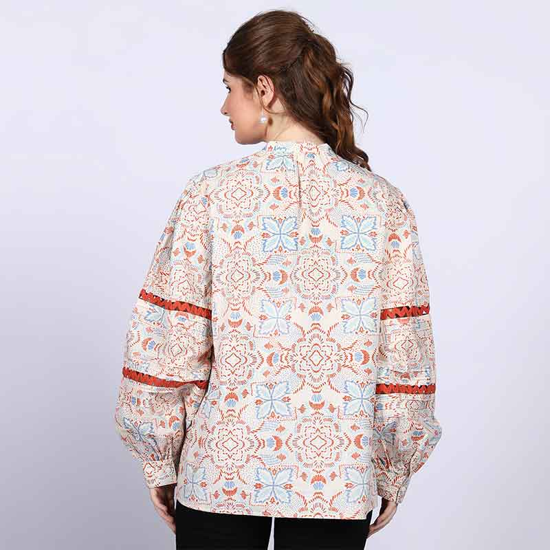 Women's ivory multicolour block-print top for women UK, back view.
