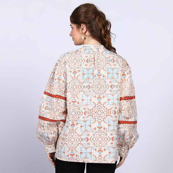 Women's ivory multicolour block-print top for women UK, back view.
